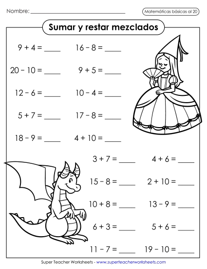 Hechos de Adición y Resta: Cuentos de Hadas (Horizontal) Gratis Suma Y Resta Mixtas Worksheet