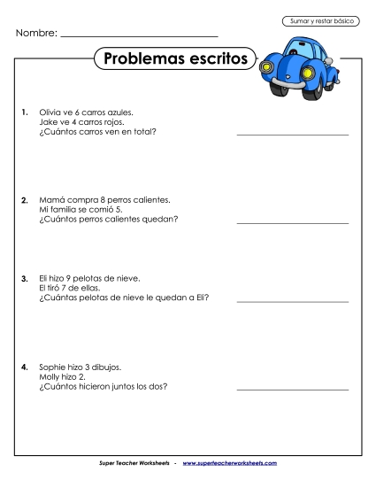 Problemas de Palabras: Dígito Único Gratis Suma Y Resta Mixtas Worksheet