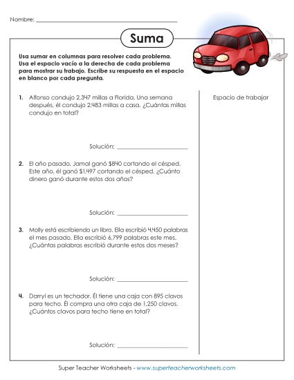 Suma (4 dígitos) Gratis Worksheet