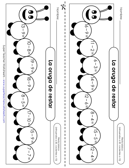 Oruga: Resta dentro de 20 Gratis Worksheet