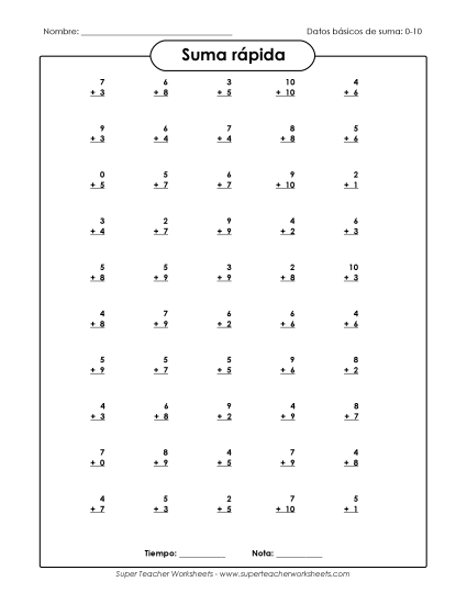 Suma Rápida 0-10 (Versión 1) Gratis Worksheet