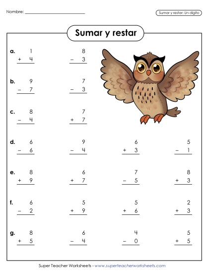 Suma y Resta: Dígito Único Gratis Suma Y Resta Mixtas Worksheet