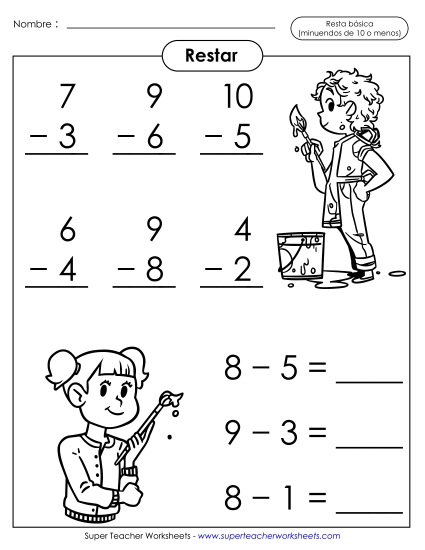Hechos Básicos de Sustracción: Pintura (Minuendos 10 o Menos) Gratis Resta Worksheet