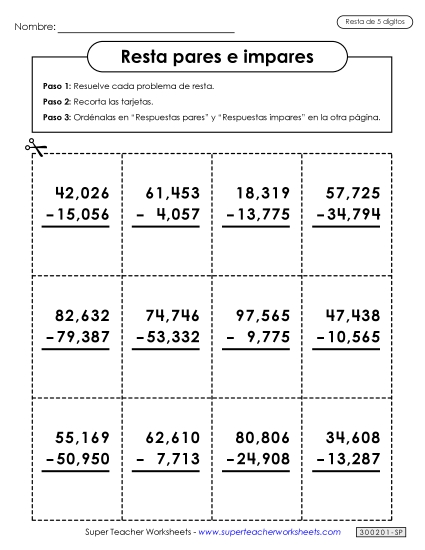 Clasificación de Resta Par e Impar Gratis Worksheet