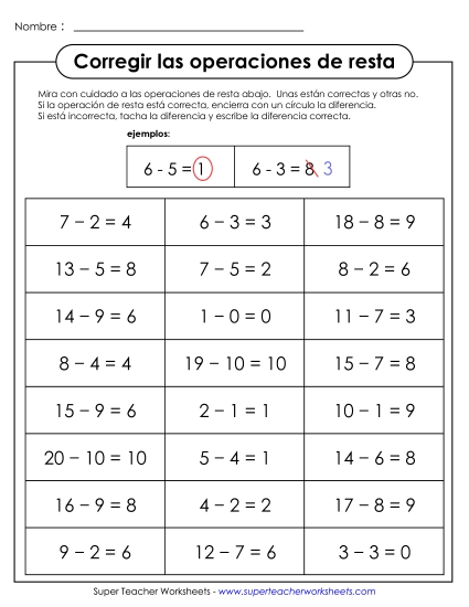 Corrige los Datos de Resta Gratis Worksheet