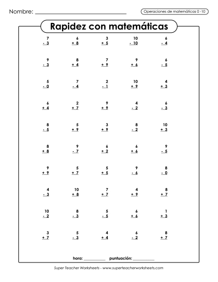 Matemáticas Rápidas (Sumar/Restar) Gratis Suma Y Resta Mixtas Worksheet
