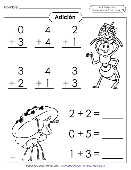 Hechos Básicos de Suma: Hormigas (Sumandos hasta 5; Sumas hasta 10) Gratis Worksheet