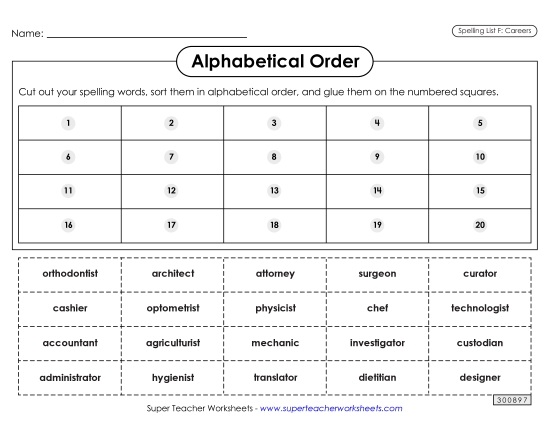 Alphabetical Order: Cut-Glue (Careers) Spelling F Worksheet