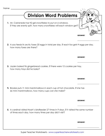 New Winter Word Problems (Division) Worksheet