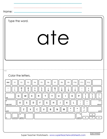 Type the Word: Ate Sight Words Individual Worksheet