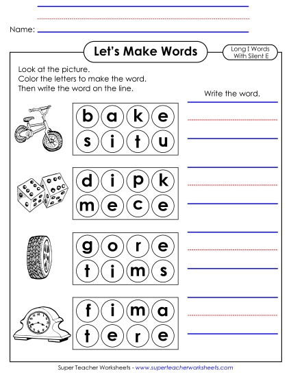 Let\'s Make Words (Long I; Silent E) #2 Phonics Silent E Worksheet
