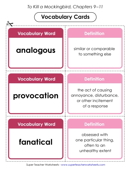New Vocabulary Cards: Chapters 9–11 Worksheet New Vocabulary Cards: Chapters 9–11 Worksheet