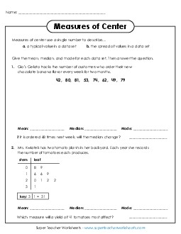 Finding Measures of Center Mean Median Mode Range Worksheet