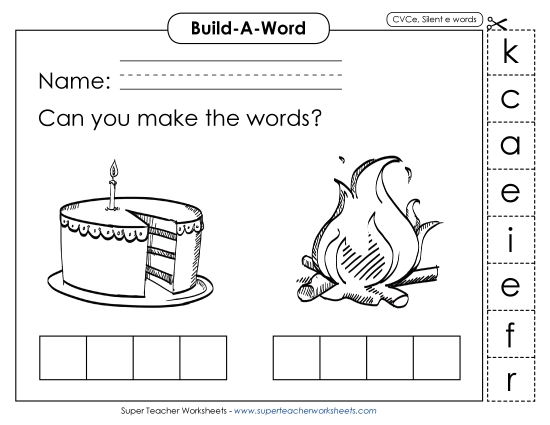 Build-a-Word: Cake and Fire Phonics Silent E Worksheet