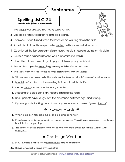 Spelling Test Sentences (C-24) Spelling C Worksheet