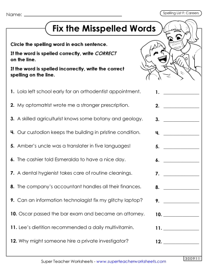 Correct or Incorrect? (Careers) Spelling F Worksheet