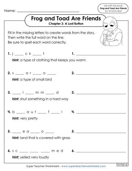 Vocabulary for Chapter 3 Book Frog And Toad Worksheet