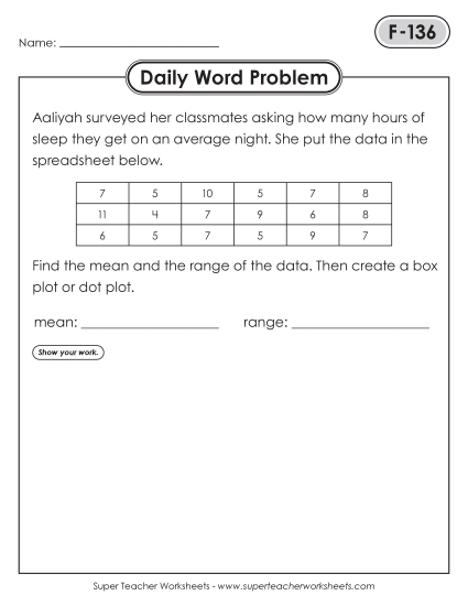 New Daily Word Problems<BR>F-136 through F-140 Worksheet New Daily Word Problems<BR>F-136 through F-140 Worksheet