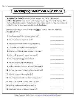 Identifying Statistical Questions Statistics Worksheet