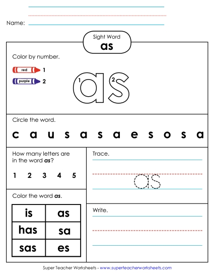 Worksheet 4: As Sight Words Individual Worksheet