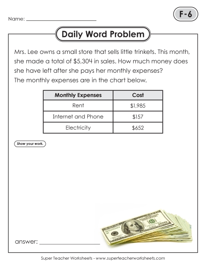 New Daily Word Problems<BR>F-6 through F-10 Worksheet New Daily Word Problems<BR>F-6 through F-10 Worksheet
