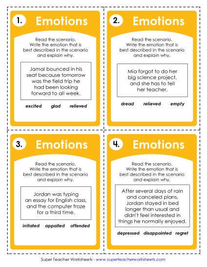 New Emotions Task Cards Worksheet New Emotions Task Cards Worksheet