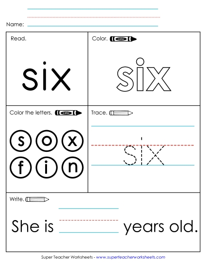 Six (Sight Word) Sight Words Individual Worksheet