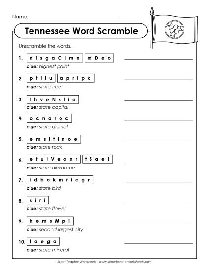 Word Scramble States Individual Worksheet