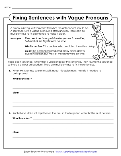 New Fix Sentences with Vague Pronouns Worksheet