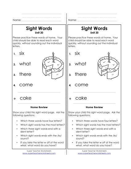 Take-Home List (Unit 20)  Sight Words Worksheet
