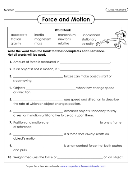 New Force & Motion Cloze Activity (Advanced) Worksheet