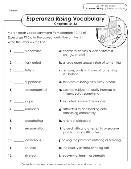 New Vocabulary Matching: Chapters 10 through 12 Worksheet