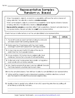 Representative Samples: Random vs. Biased Statistics Worksheet