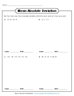 Mean Absolute Deviation (Plain Data) Statistics Worksheet