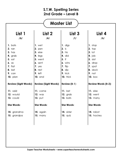 Level B Master List Spelling B Worksheet