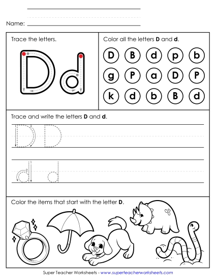 Tracing, Writing, and Recognizing Letter D Alphabet Worksheet