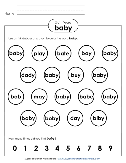 Dab or Color: Baby Sight Words Individual Worksheet