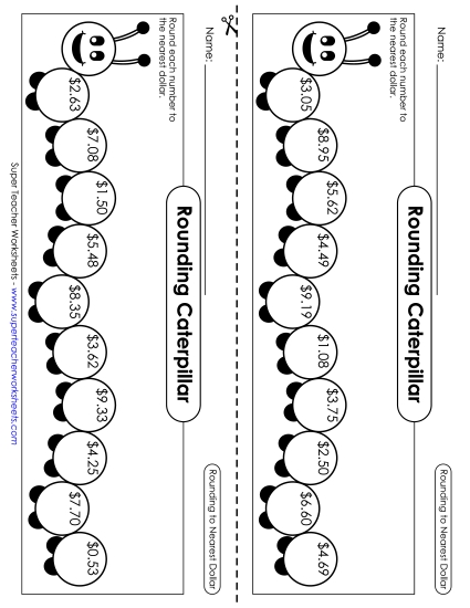 Rounding Caterpillars (Nearest Dollar) Worksheet