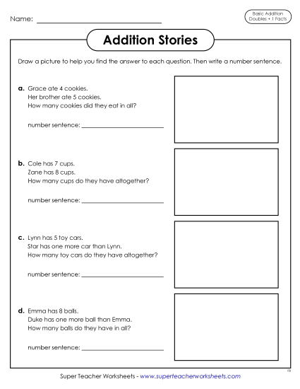 Addition Stories (Word Problems) Addition Doubles Plus 1 Worksheet