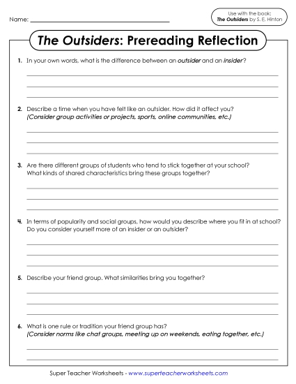 New Prereading Reflection <i>(The Outsiders)</i> Worksheet