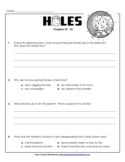 Questions for Chapters 29-35 Book Holes Worksheet