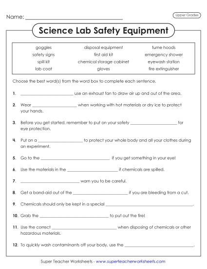 New Lab Safety Equipment Cloze Activity (Advanced) Worksheet