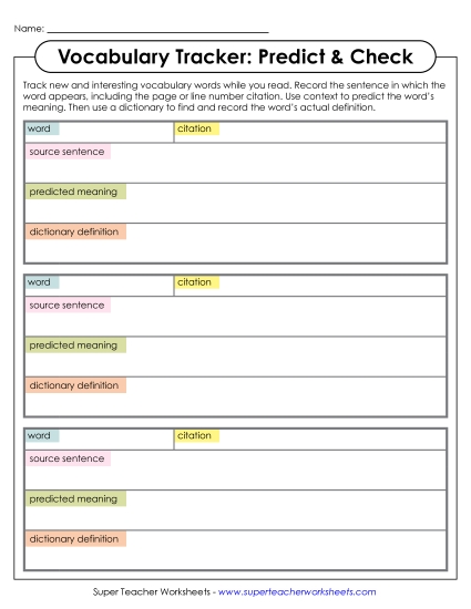 New Vocabulary Tracker: Predict & Check Worksheet