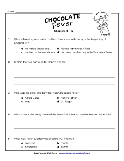 Questions for Chapters 11-12 Book Chocolate Fever Worksheet