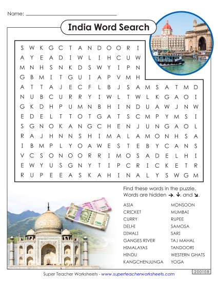 India Word Search Wordsearch Worksheet