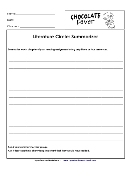 Literature Circles: Summarizer Book Chocolate Fever Worksheet