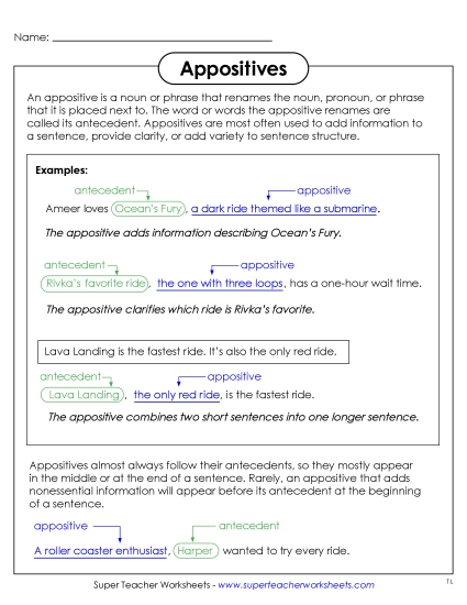 Defining Appositives Free Worksheet