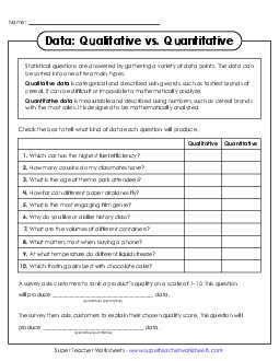 Qualitative vs. Quantitative Data Statistics Worksheet