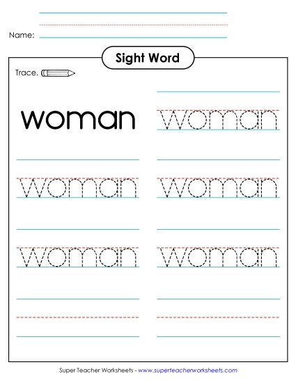 Trace the Word: Woman Sight Words Individual Worksheet