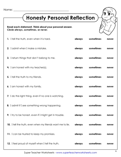 New Personal Reflection: Honesty Worksheet